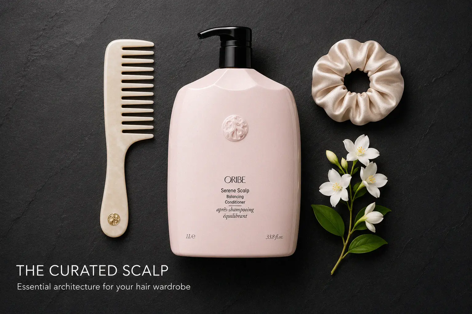 Oribe Serene Scalp Balancing Conditioner in a tall signature bottle on a marble vanity shelf.