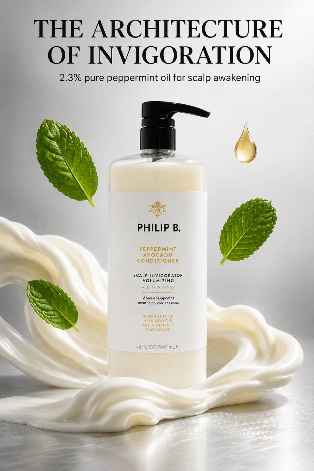 The 32 oz bottle of Philip B conditioner on a luxury vanity