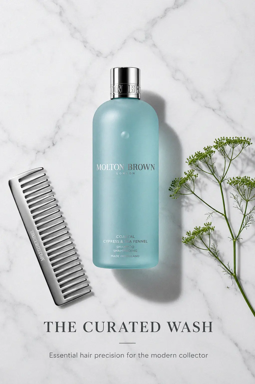 A close up of the sleek Molton Brown shampoo bottle