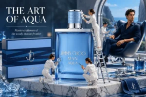 Blue glass Jimmy Choo Man Aqua bottle with travel spray, shower gel, and balm on a clean surface.
