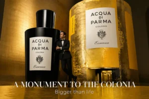 Acqua Di Parma Colonia Essenza cologne bottle next to yellow and black grooming tubes on a vanity.