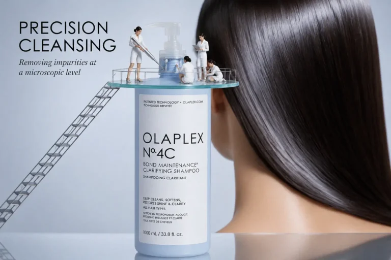 Large Olaplex No. 4C white bottle with minimalist black labeling on a marble bathroom shelf.