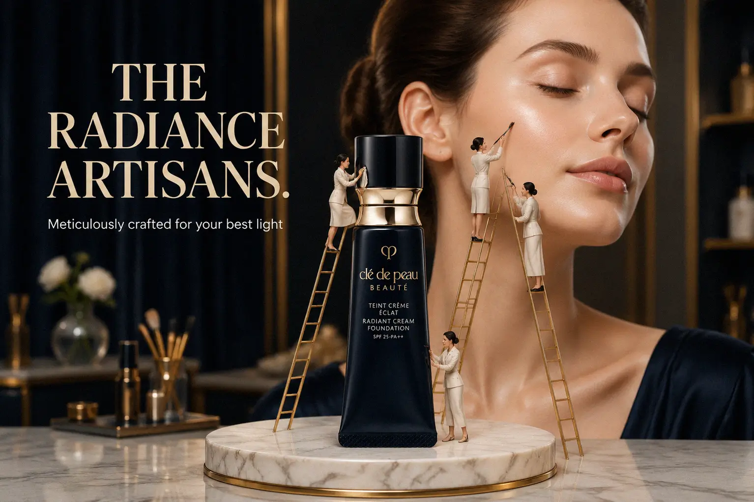 Elegant Clé de Peau Radiant Cream Foundation tube placed on a clean, polished vanity surface.