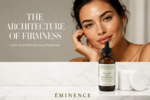 A bottle of Eminence Firm Skin Acai Exfoliating Peel with dual-textured cotton pads in a clean setting.
