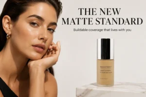 A glass pump bottle of jane iredale Beyond Matte Liquid Foundation on a clean marble surface.