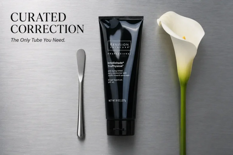 A sleek 1.7 oz tube of Revision Skincare Intellishade TruPhysical sitting on a clean, white marble vanity.