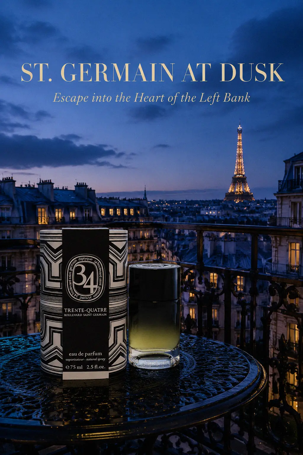 Editorial shot of a luxury fragrance bottle next to a silk scarf