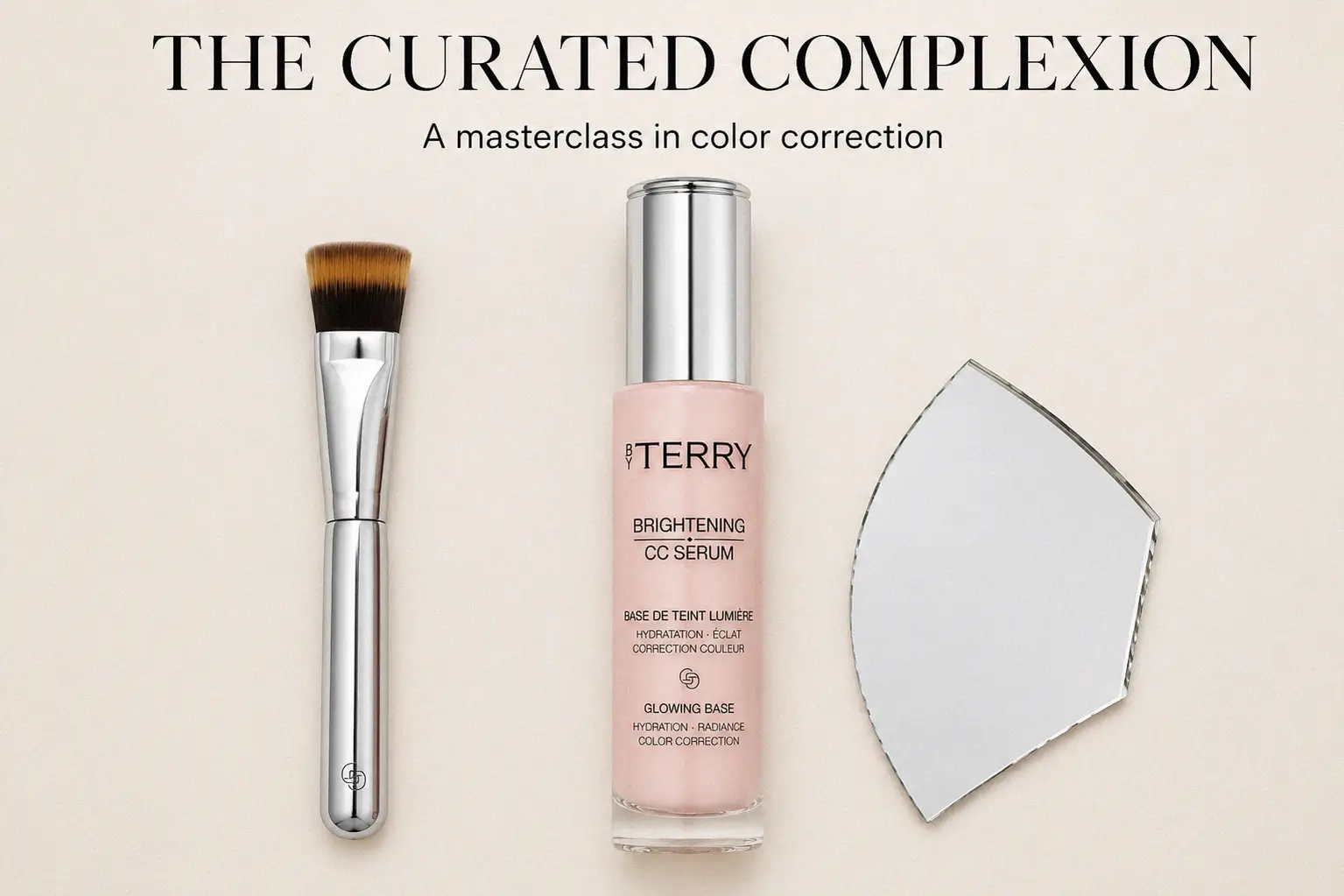 A 30ml bottle of BY TERRY Brightening CC Serum standing on a clean, luxury beauty vanity.