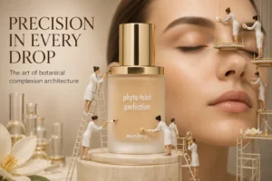 Sisley Paris Phyto-Teint Foundation bottle on a marble surface with soft, elegant lighting.