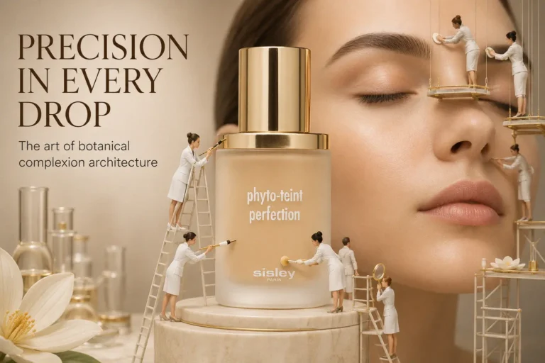 Sisley Paris Phyto-Teint Foundation bottle on a marble surface with soft, elegant lighting.