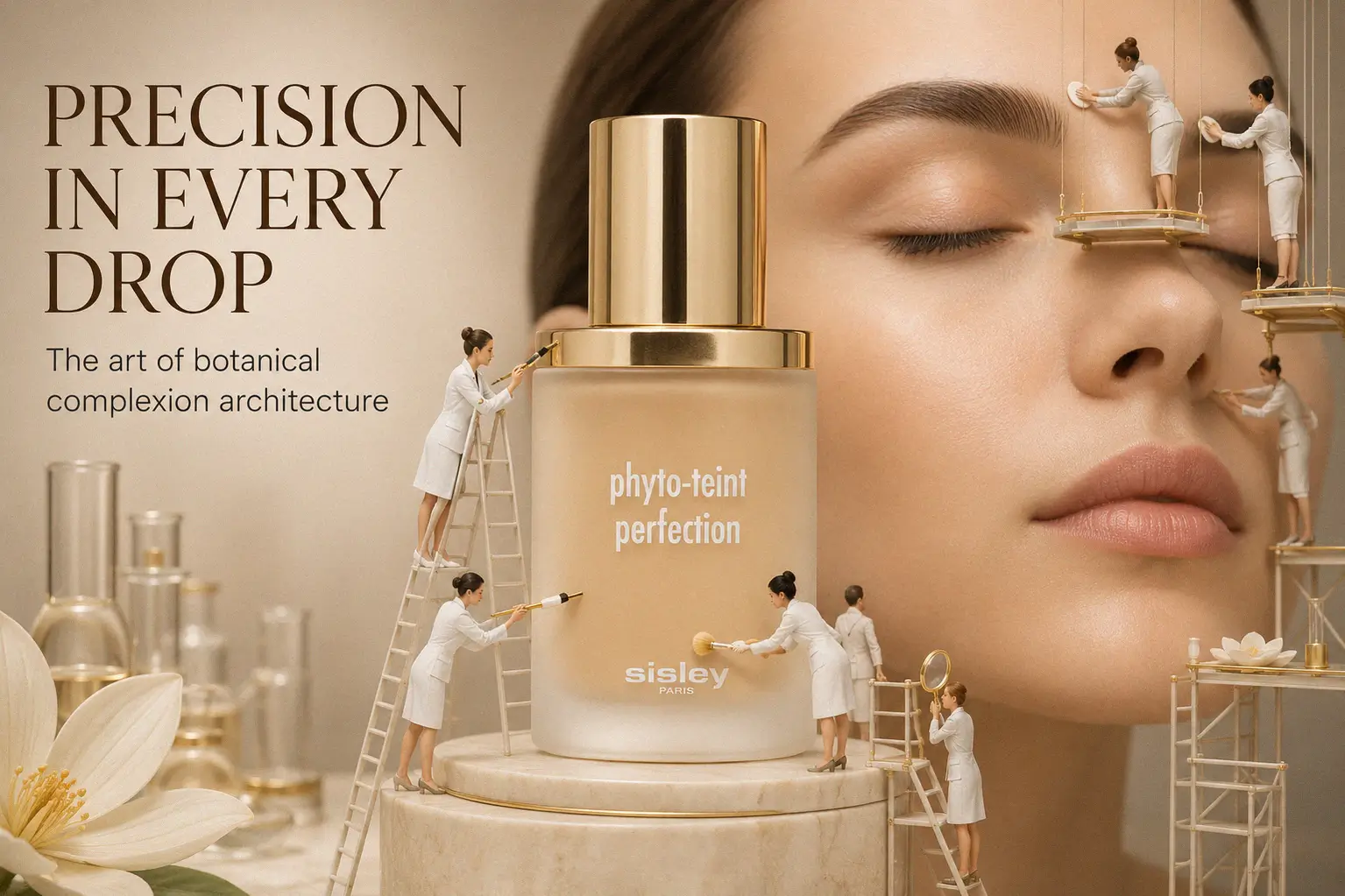 Sisley Paris Phyto-Teint Foundation bottle on a marble surface with soft, elegant lighting.