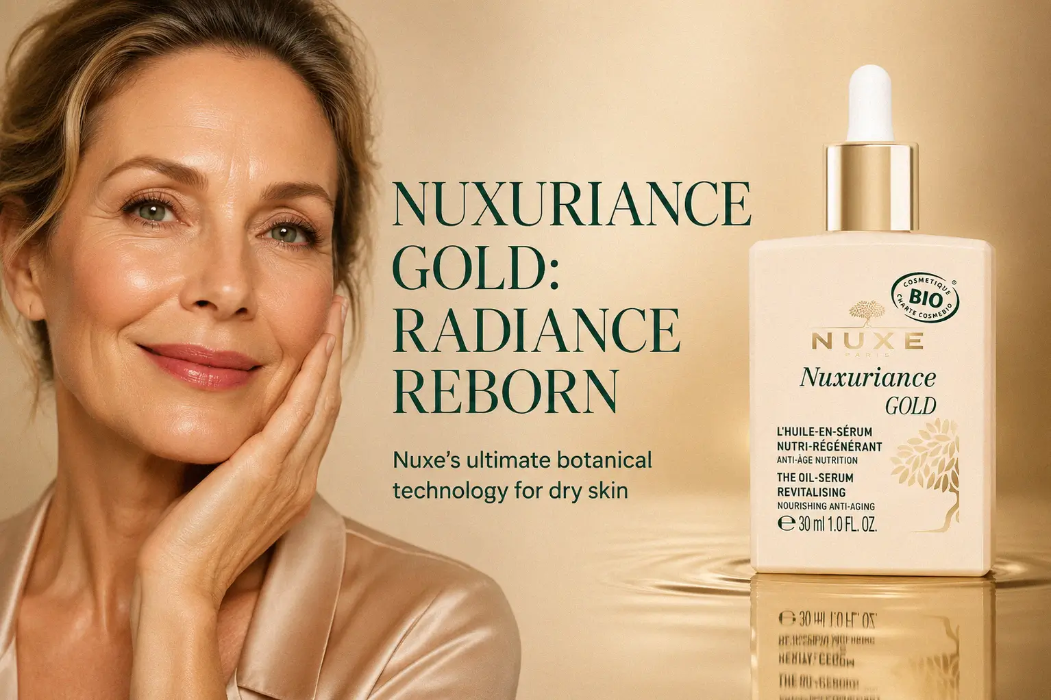 Nuxe Nuxuriance Gold serum and cream in elegant amber and gold jars on a polished white marble surface.