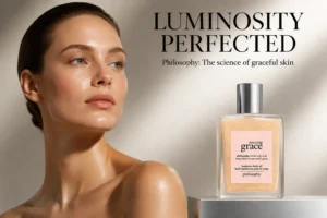 A Philosophy Amazing Grace spray bottle of luminous body oil on a clean, white marble surface.
