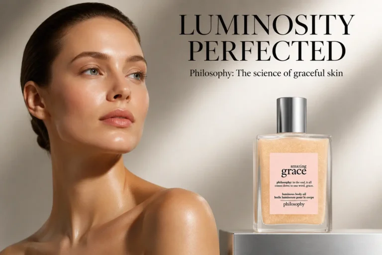 A Philosophy Amazing Grace spray bottle of luminous body oil on a clean, white marble surface.