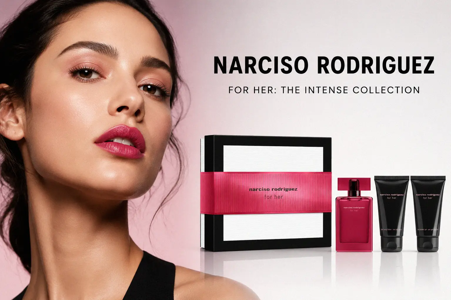 Narciso Rodriguez fuchsia perfume bottle next to body lotion and travel spray in a festive gift box.