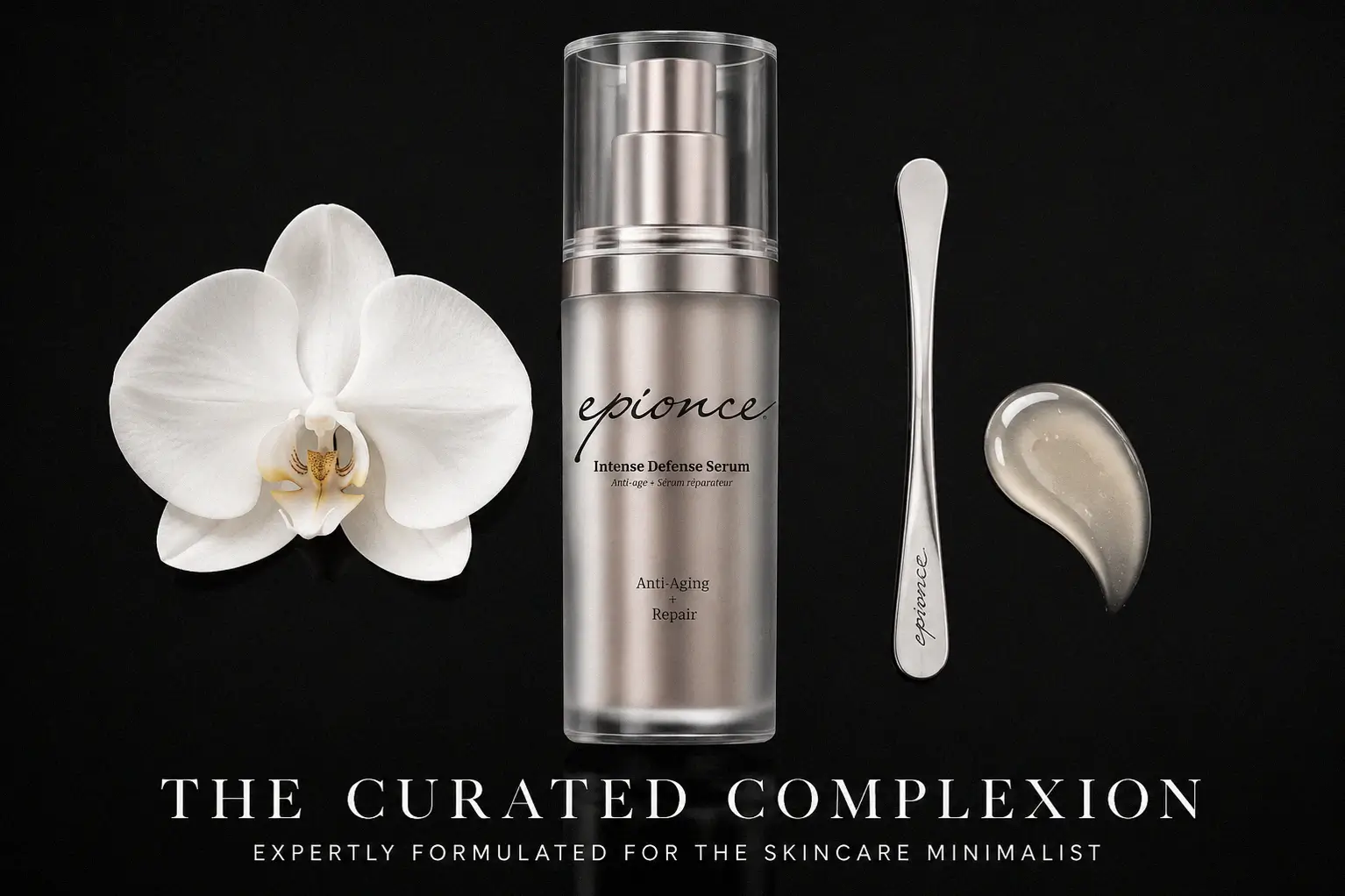 Epionce Intense Defense Serum 1.0 fl oz bottle standing on a clean, white marble vanity surface.