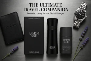 Two-piece Giorgio Armani gift set featuring a black fragrance bottle and a matching deodorant stick.