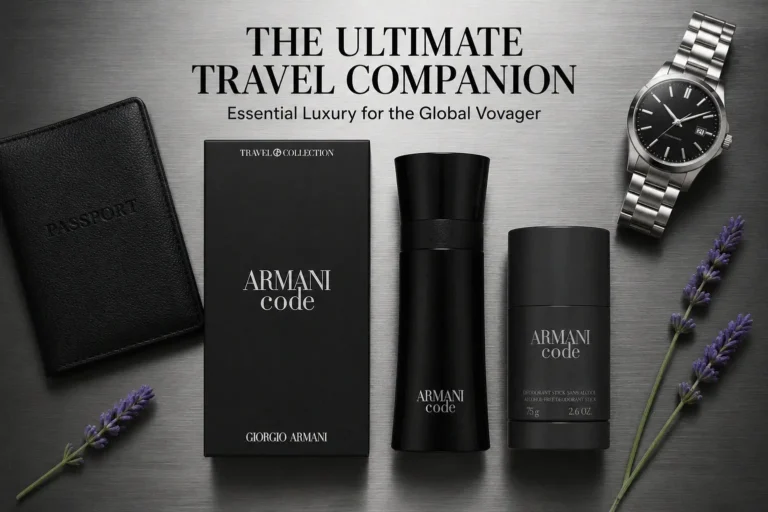 Two-piece Giorgio Armani gift set featuring a black fragrance bottle and a matching deodorant stick.