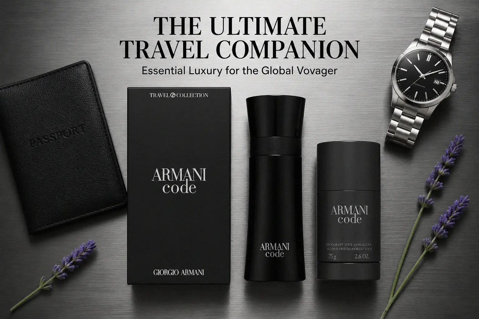 Two-piece Giorgio Armani gift set featuring a black fragrance bottle and a matching deodorant stick.