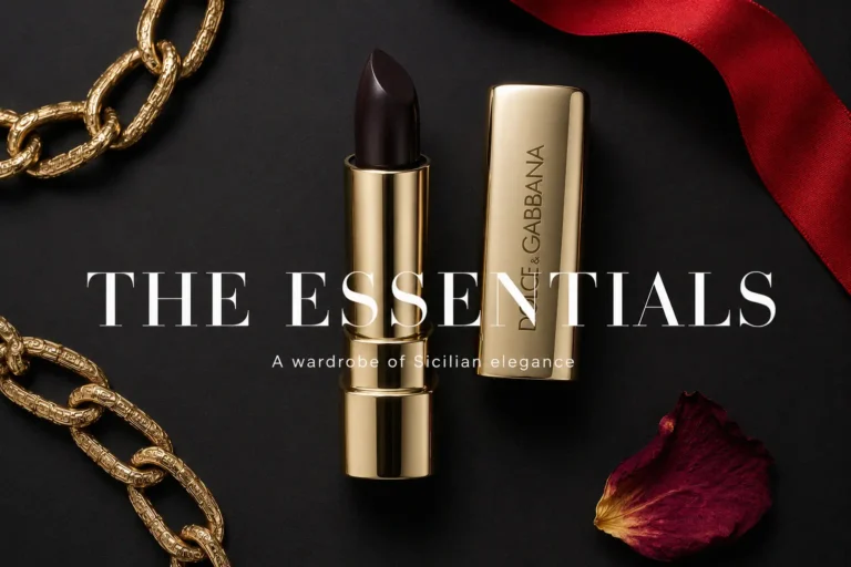 Gold-toned Dolce & Gabbana lipstick tube with intricate Mediterranean motifs on a white polished surface.