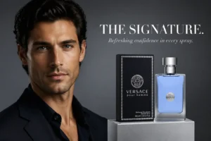 A sleek blue and silver Versace Pour Homme Perfumed Deodorant Spray bottle on a polished surface.