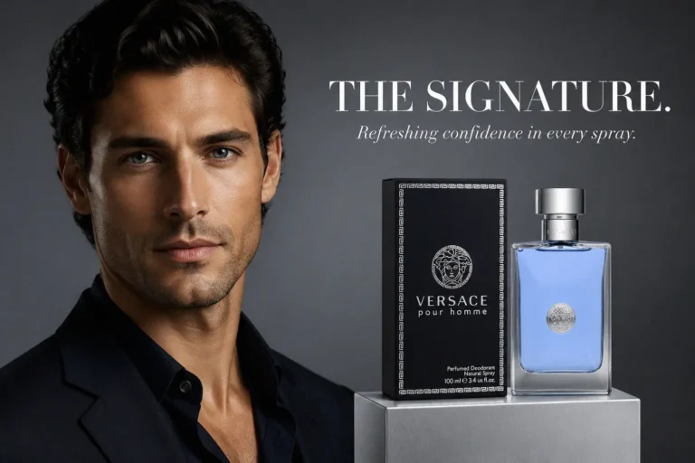 A sleek blue and silver Versace Pour Homme Perfumed Deodorant Spray bottle on a polished surface.
