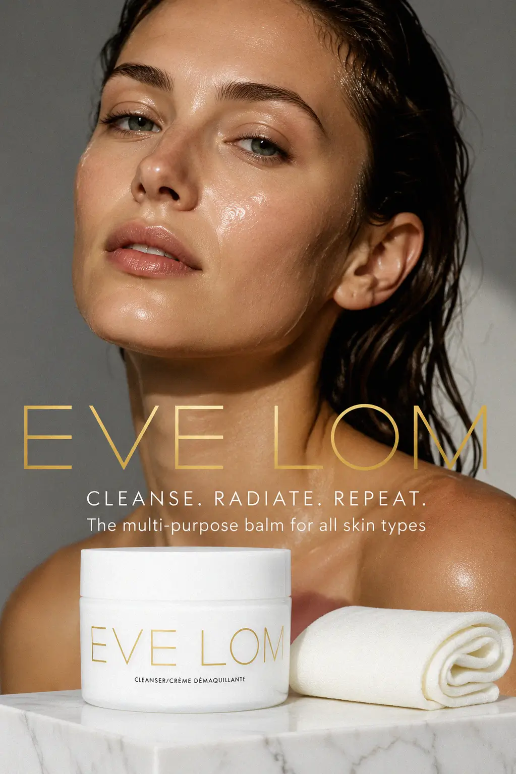 The Eve Lom Cleanser jar on a luxury marble vanity