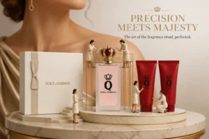 Three Dolce and Gabbana Q products including perfume and body care on a clean surface.