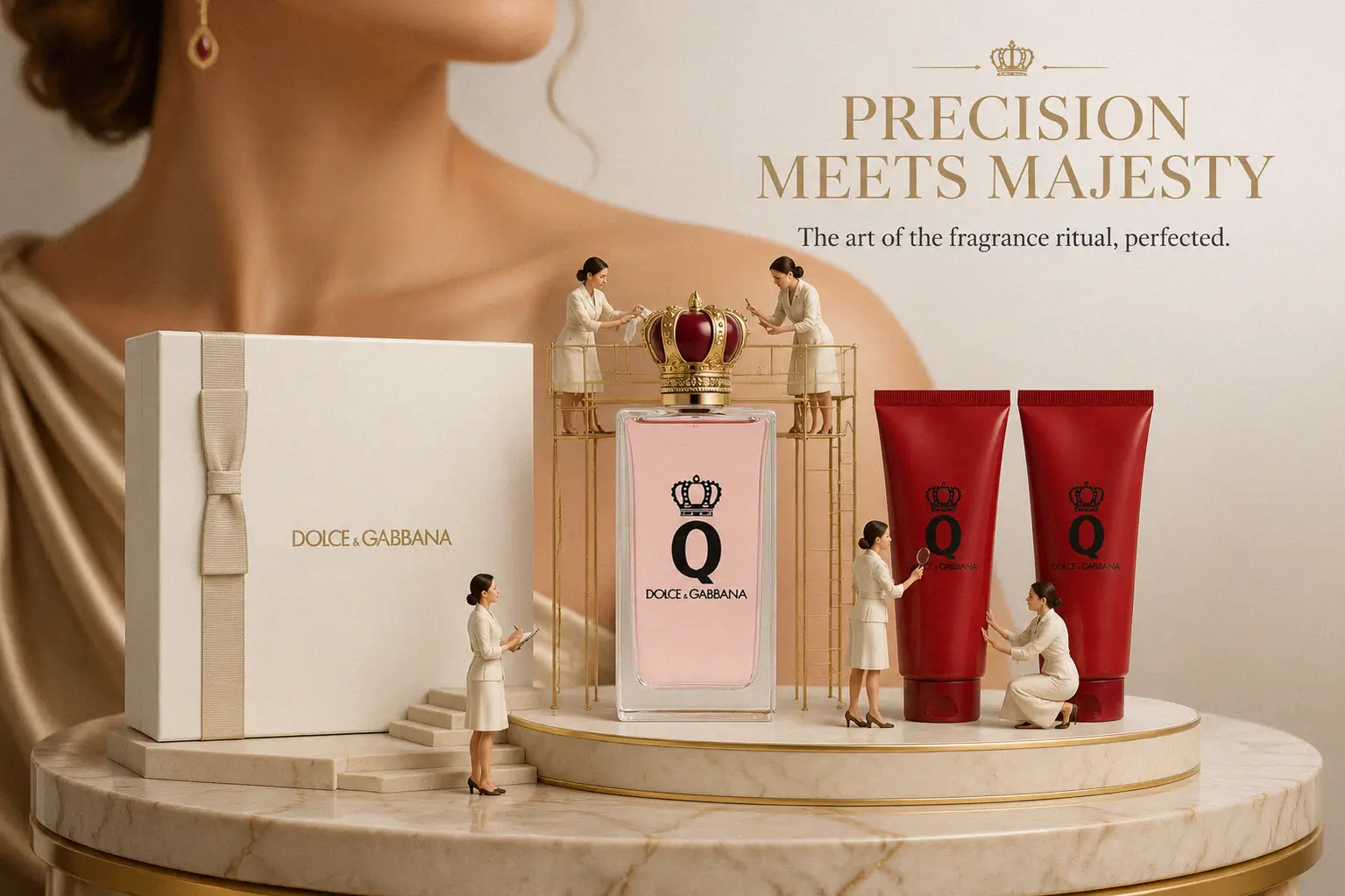 Three Dolce and Gabbana Q products including perfume and body care on a clean surface.