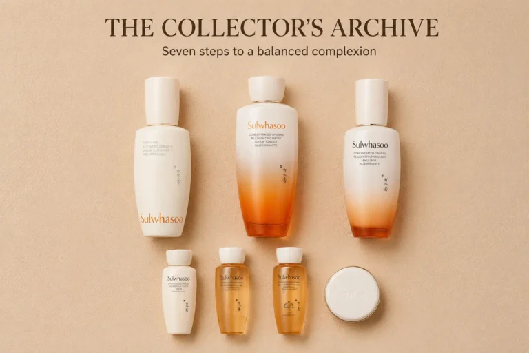 A 7-piece Sulwhasoo Essential First Care Set including serums and creams in elegant orange and white packaging.