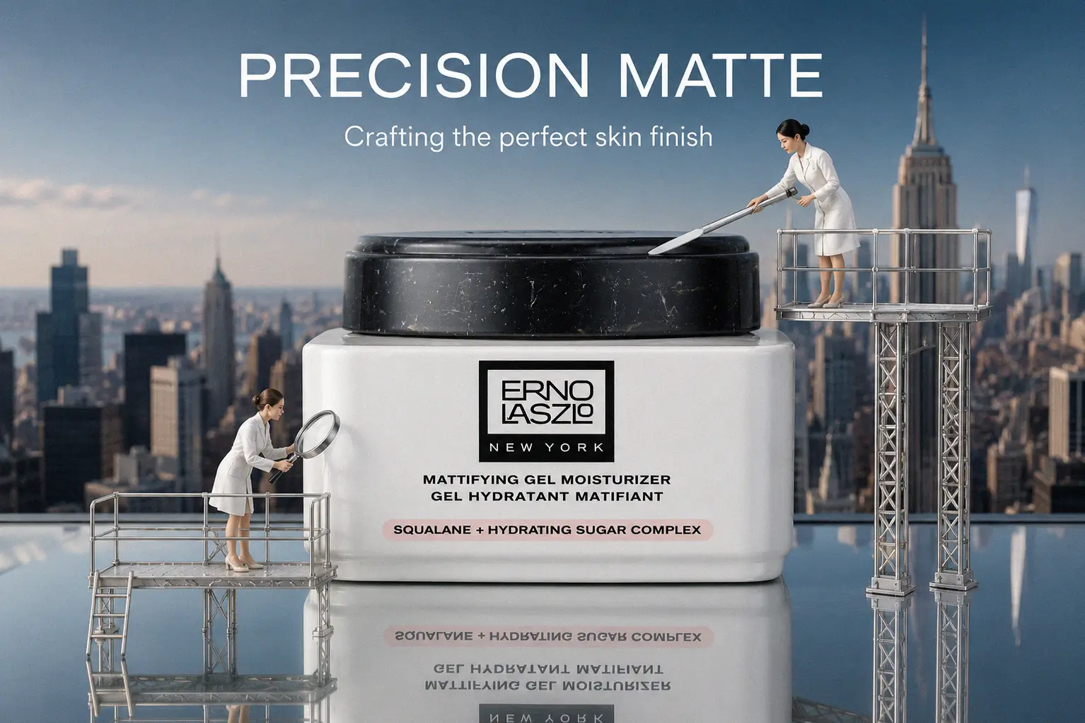 Jar of Erno Laszlo Mattifying Gel Moisturizer on a clean, white marble vanity surface.