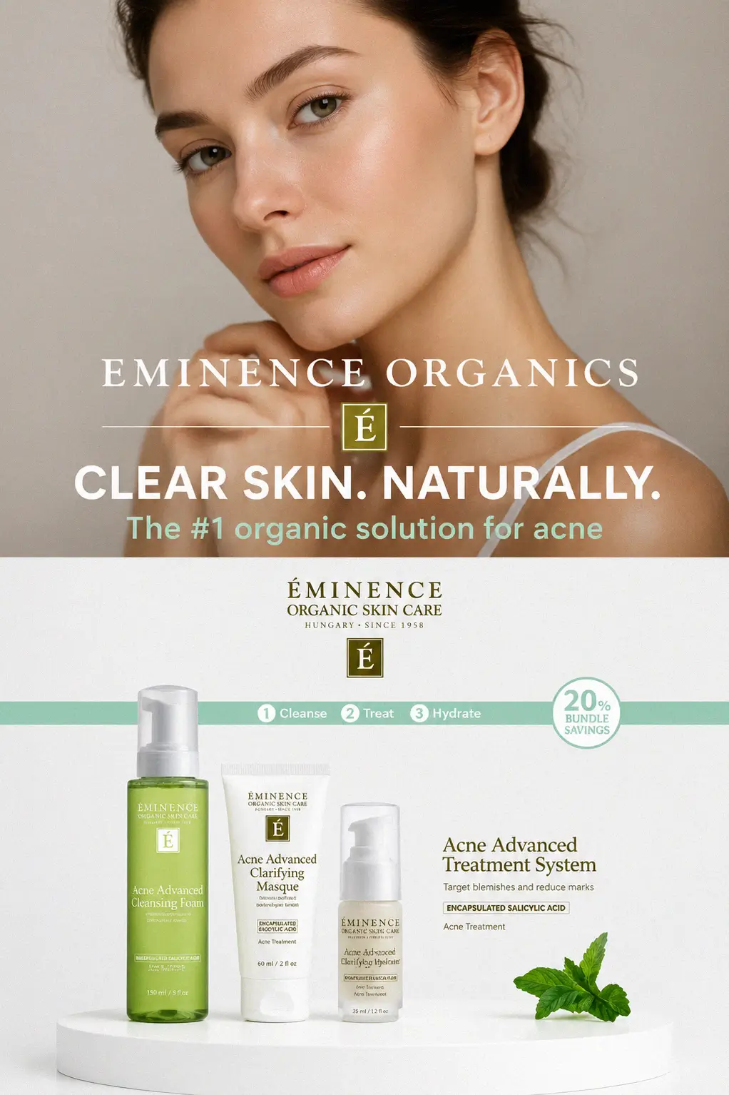 Eminence organic acne treatment system bottles on a vanity