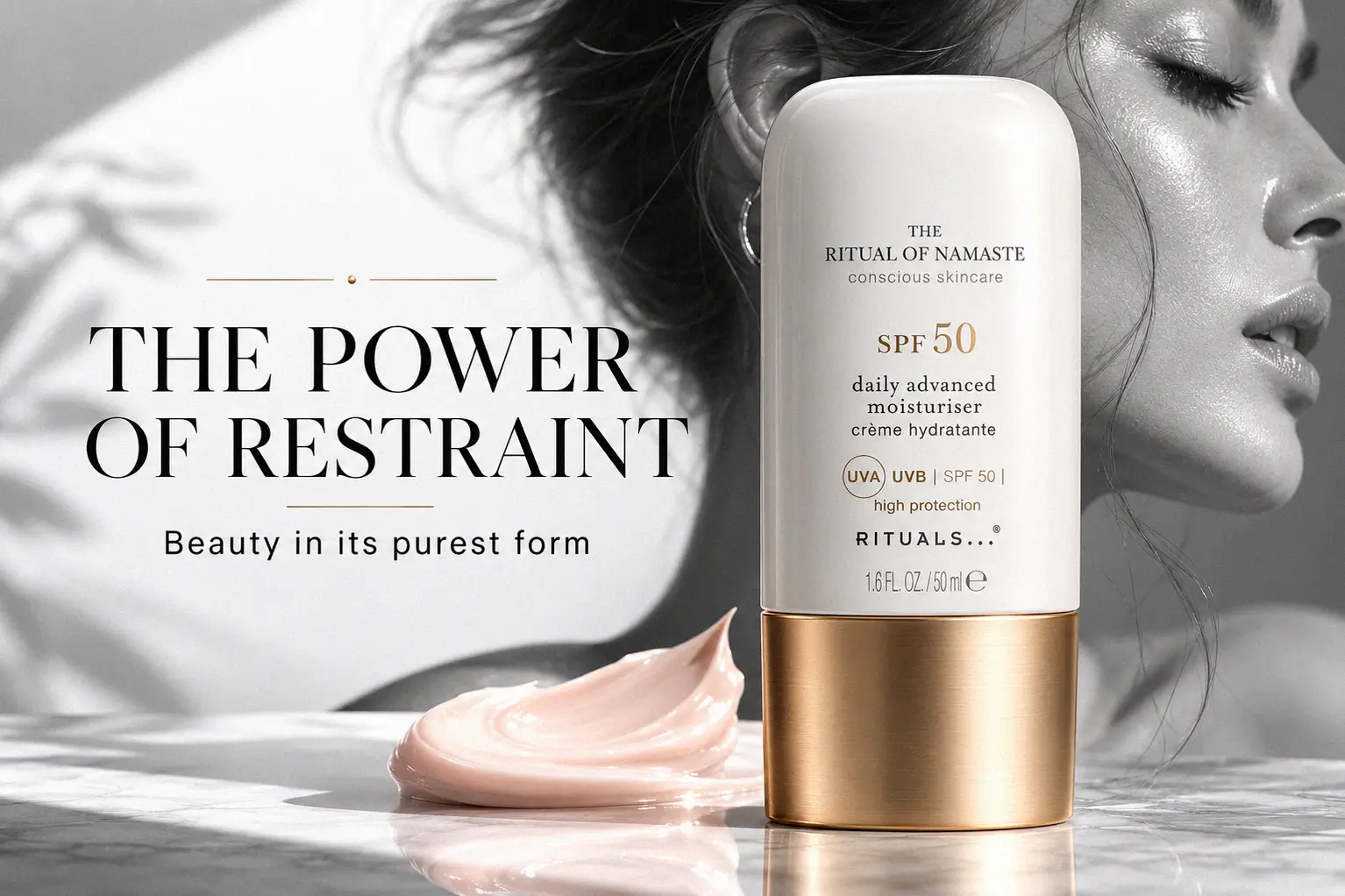 A selection of Rituals The Ritual of Namaste skincare products in elegant white and gold packaging on a clean shelf.
