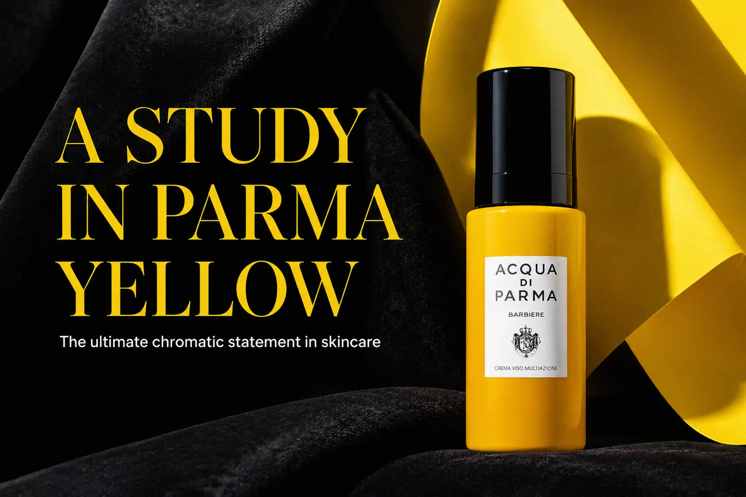 Sleek glass bottle of Acqua Di Parma Barbiere Multi-Action Face Cream on a stone surface.