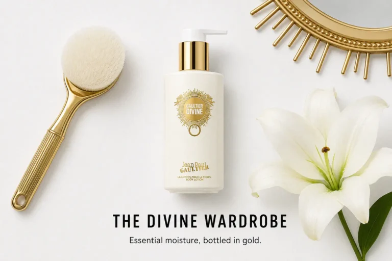 A white and gold tube of Jean Paul Gaultier Divine Body Lotion on a clean, luxury beauty vanity.