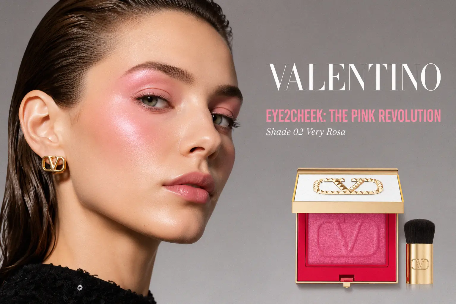 Valentino Eye2Cheek compact in signature red with internal mirror and mini brush applicator.