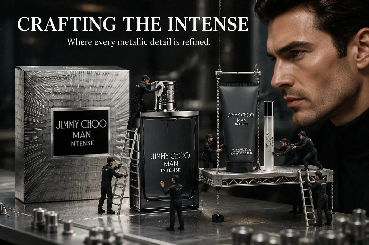 Jimmy Choo Man Intense gift set including a full-sized cologne bottle, shower gel, and a travel spray.
