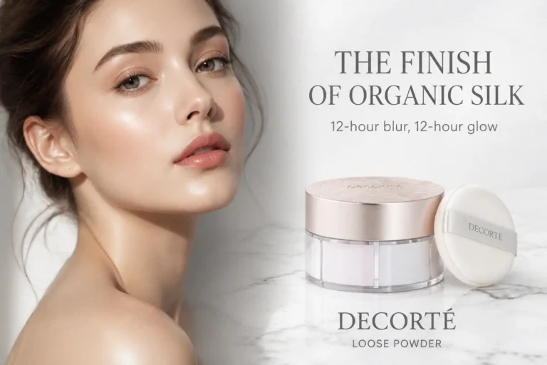 Cosme Decorte Loose Powder in a premium jar with a soft, plush applicator puff on a vanity.