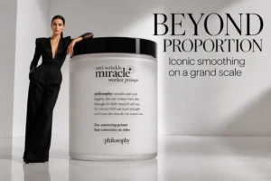 Clear 0.9 oz tube of Philosophy Anti-Wrinkle Miracle Worker Primer on a clean white vanity surface.