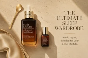 Two Estée Lauder Advanced Night Repair serum bottles in different sizes on a clean, luxury surface.
