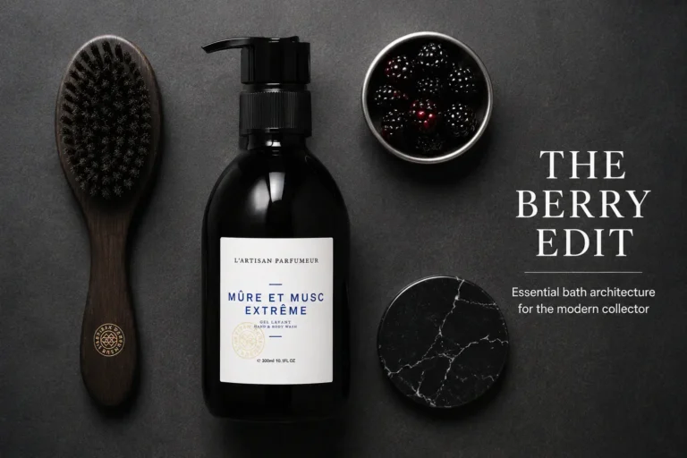 A 300ml pump bottle of L'Artisan Parfumeur Mure et Musc Extreme Hand and Body Wash on a marble shelf.