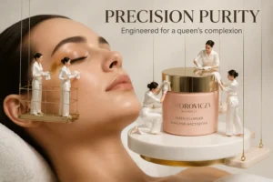 Omorovicza Queen Cleanser jar in a 5 oz size on a clean marble bathroom vanity.