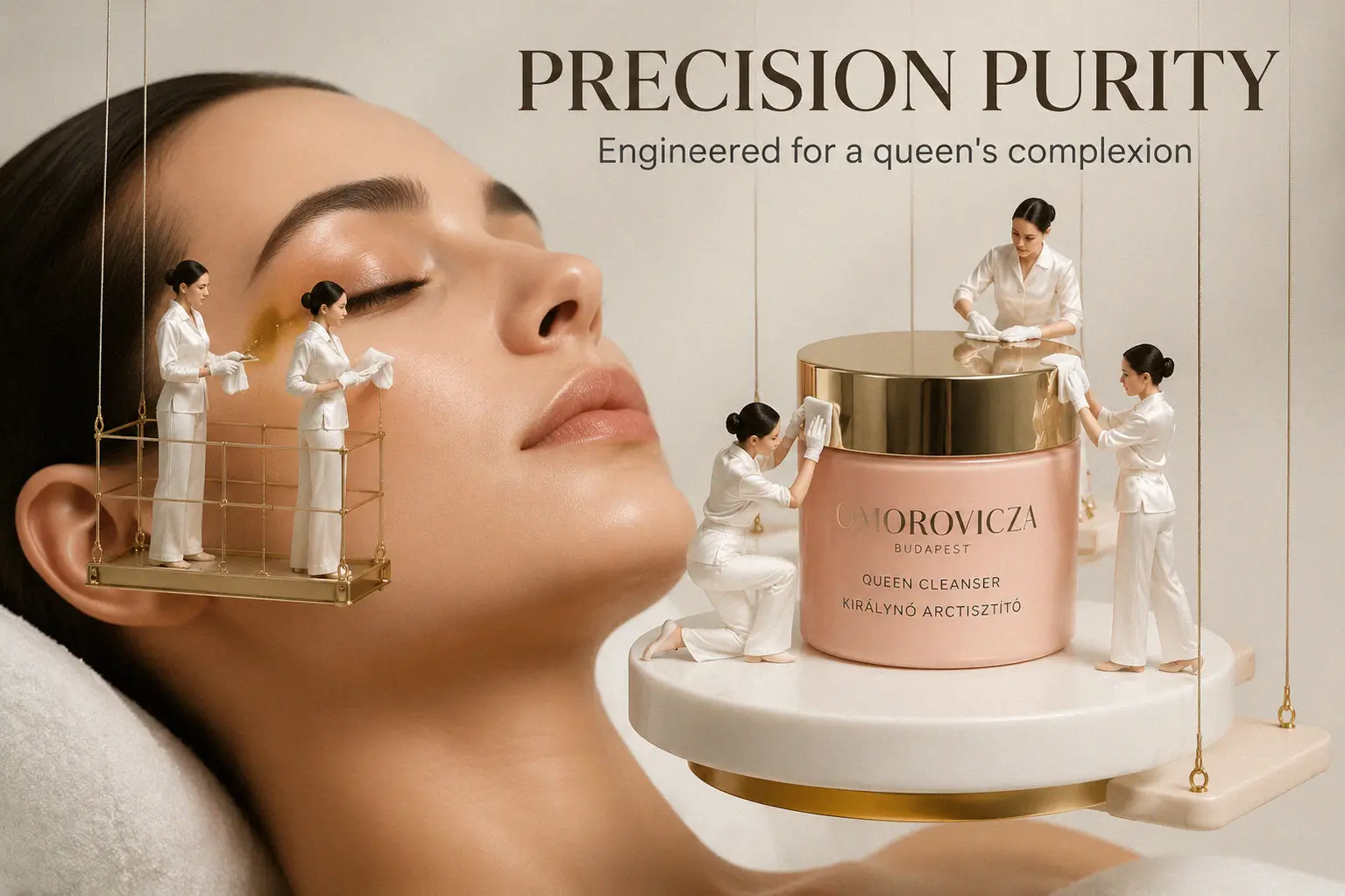 Omorovicza Queen Cleanser jar in a 5 oz size on a clean marble bathroom vanity.