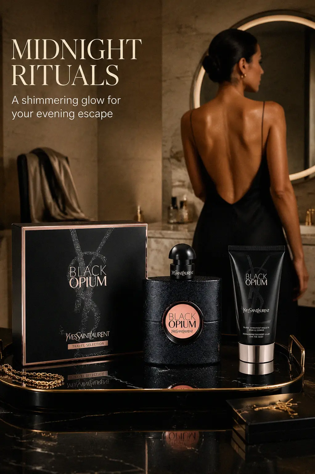 A close-up of the shimmering lotion and perfume spray