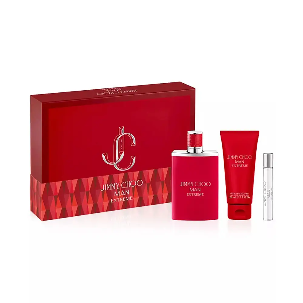 Jimmy Choo Man Extreme Eau de Parfum Gift Set in its scarlet lacquered bottle