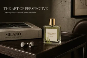 A 100 ml bottle of Miller Harris Celadon perfume with a clean label and green botanical design elements.