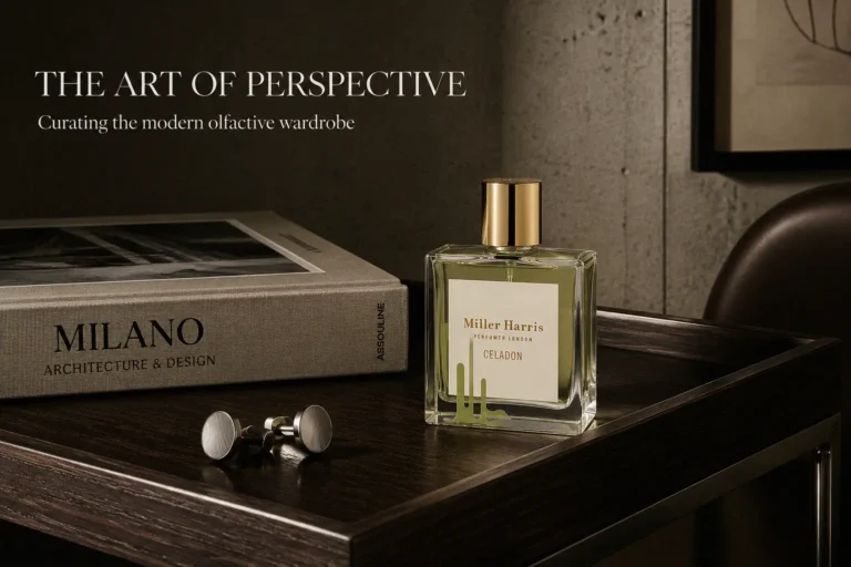 A 100 ml bottle of Miller Harris Celadon perfume with a clean label and green botanical design elements.