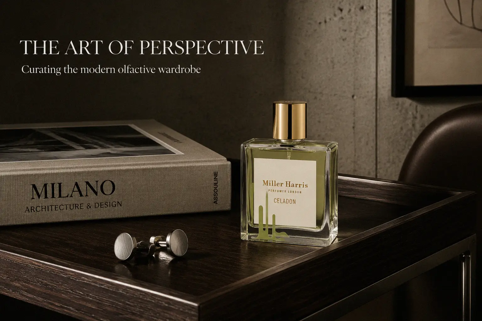 A 100 ml bottle of Miller Harris Celadon perfume with a clean label and green botanical design elements.