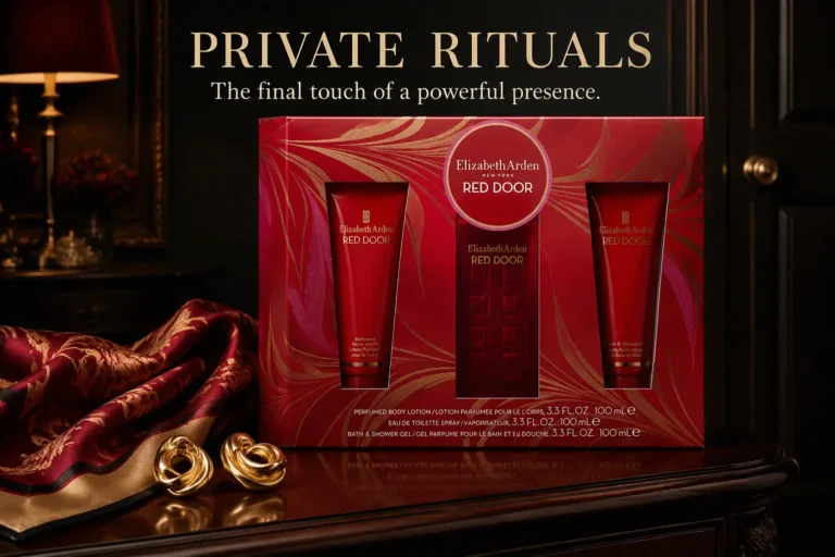 A red Elizabeth Arden perfume bottle with matching body lotion and shower gel in a decorative gift box.