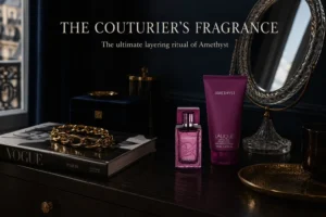 A purple gemstone-inspired Lalique Amethyst perfume bottle next to a matching body lotion tube.